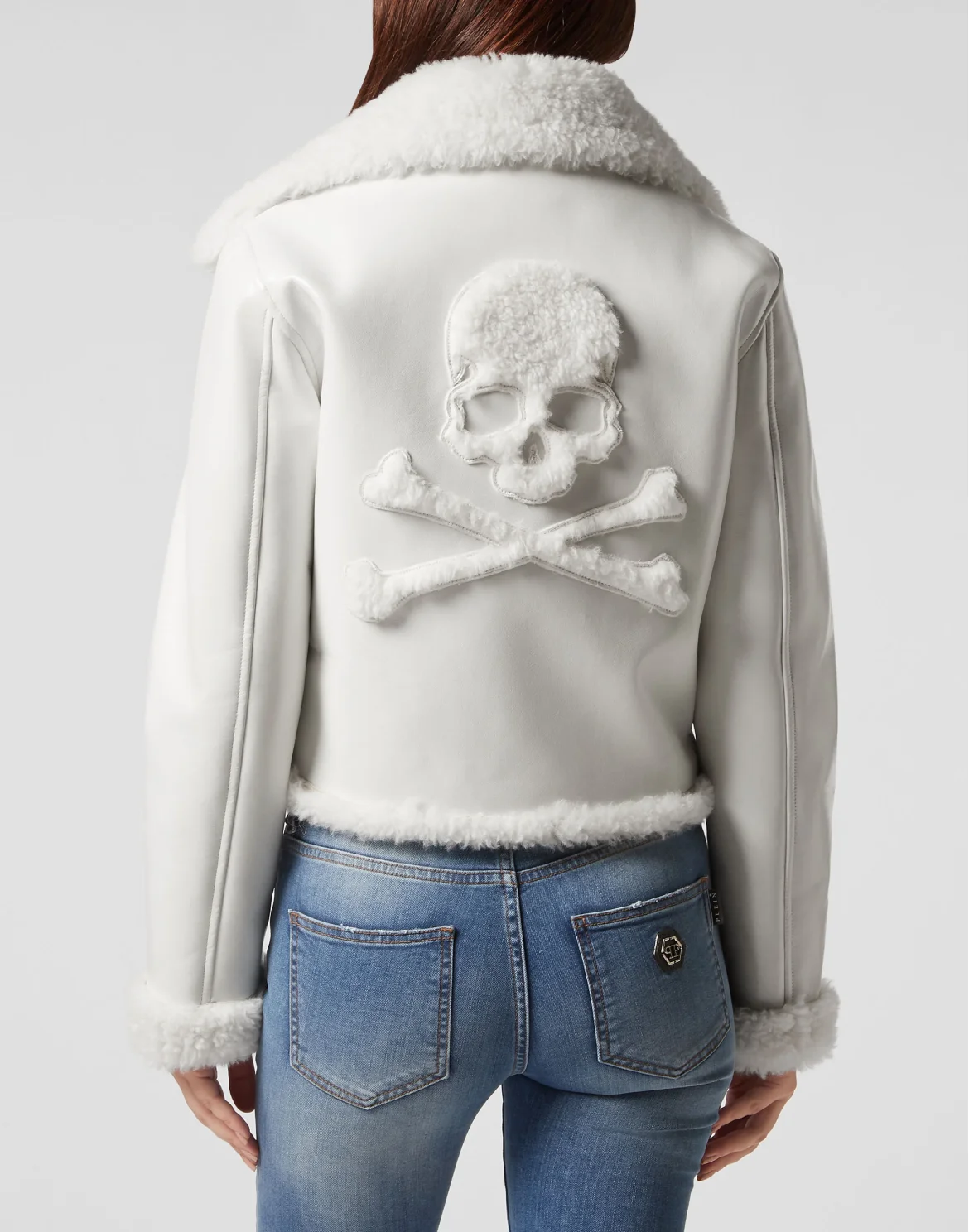 Eco Shearling Short Biker Jacket Skull&Bones, цвет: Белый