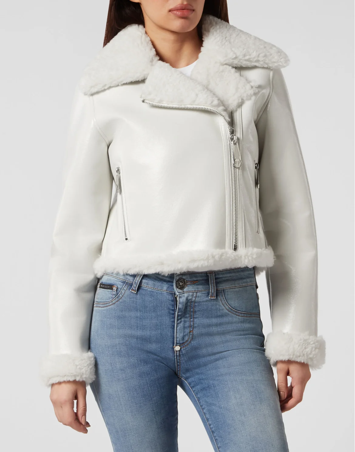Eco Shearling Short Biker Jacket Skull&Bones, цвет: Белый