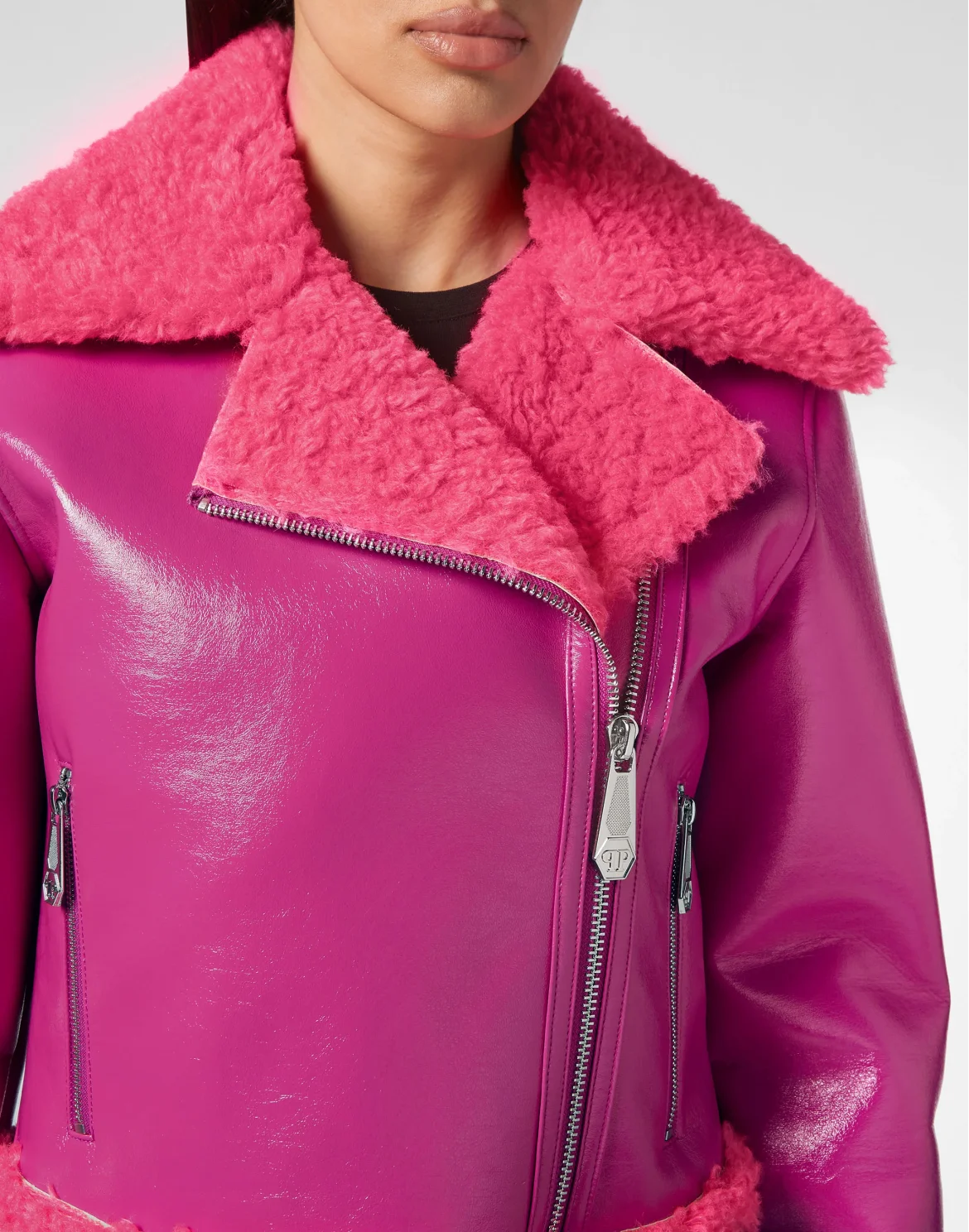 Eco Shearling Short Biker Jacket Skull&Bones, цвет: Розовый