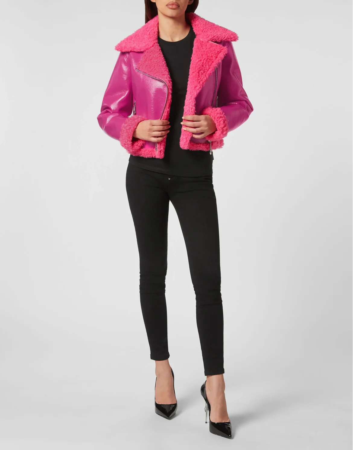 Eco Shearling Short Biker Jacket Skull&Bones, цвет: Розовый