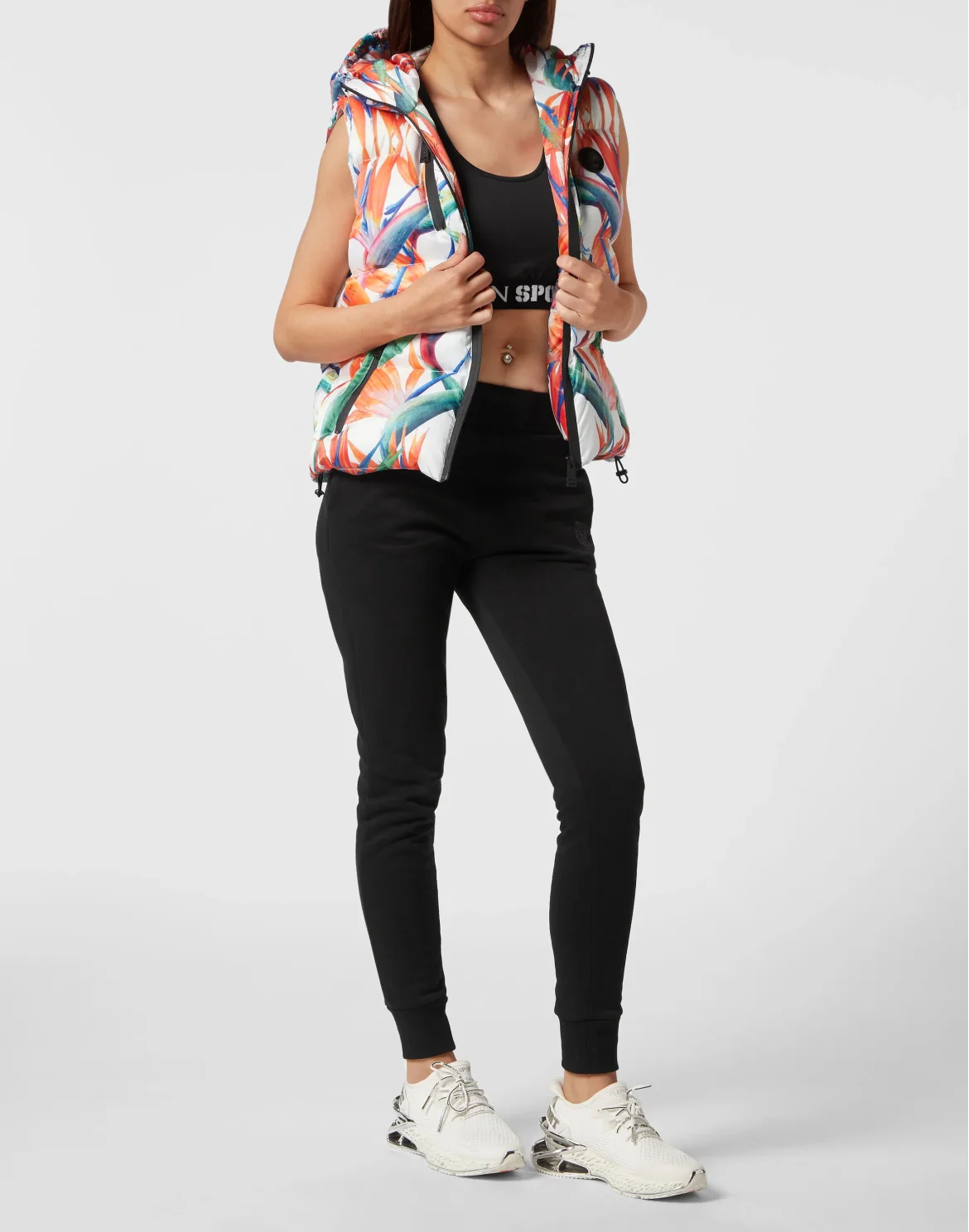 Nylon Puffer Gilet Flowers, цвет: Белый