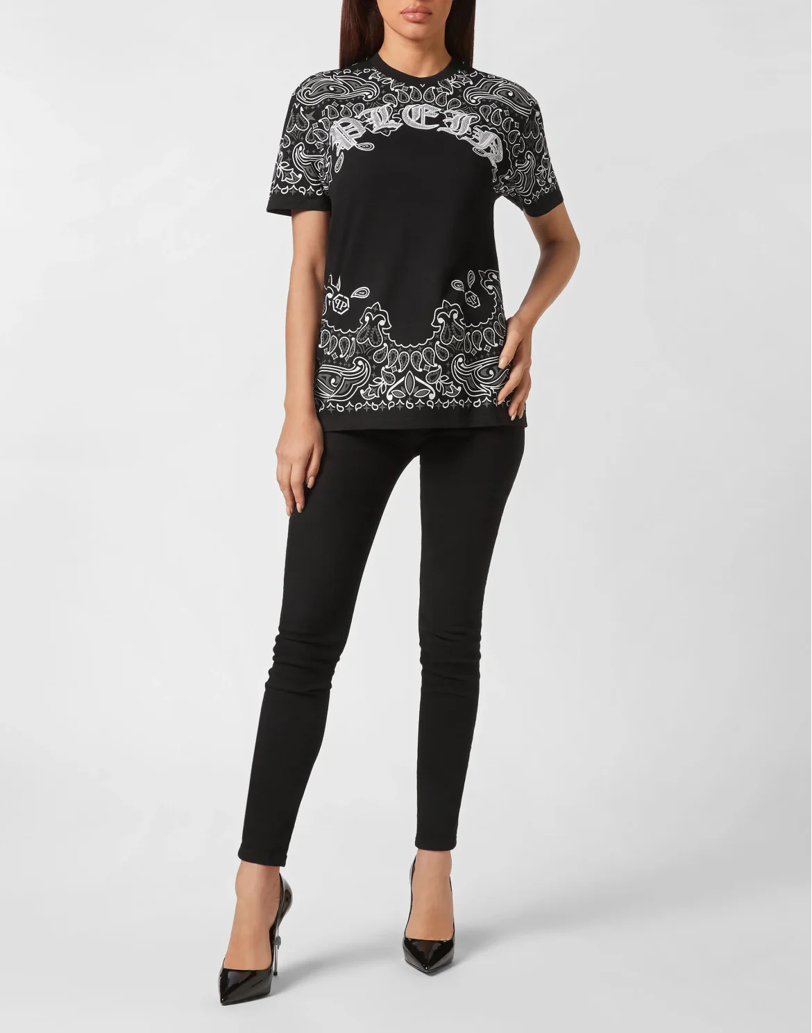 T-shirt Round Neck SS Paisley Strass, цвет: Черный