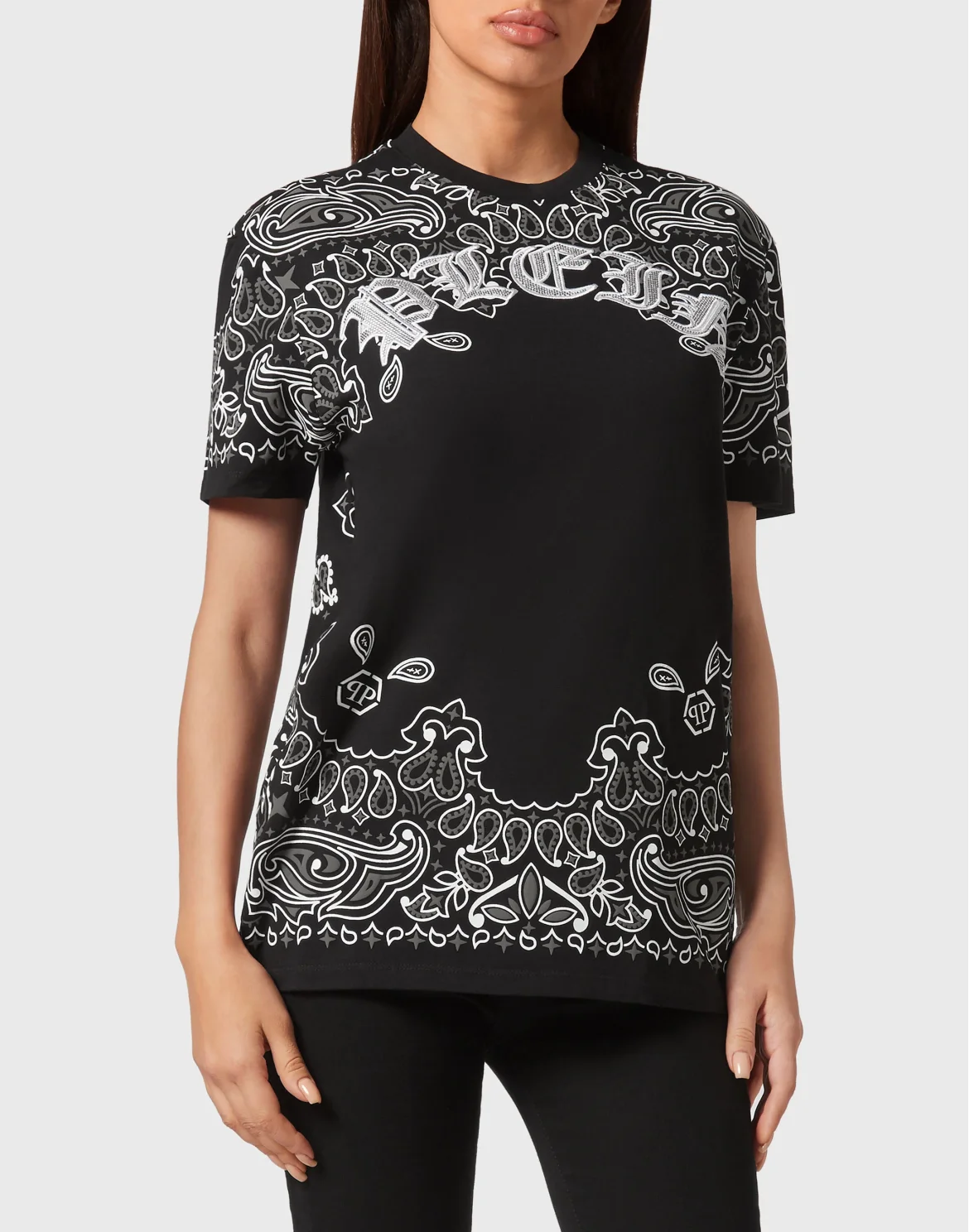 T-shirt Round Neck SS Paisley Strass, цвет: Черный