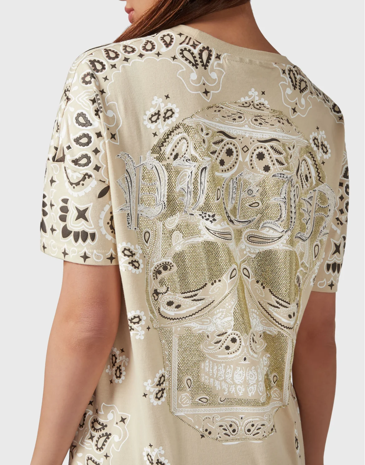 T-shirt Round Neck SS Paisley Strass, цвет: Бежевый