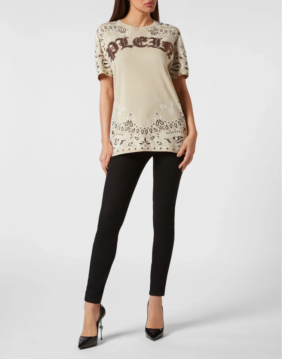 T-shirt Round Neck SS Paisley Strass, цвет: Бежевый