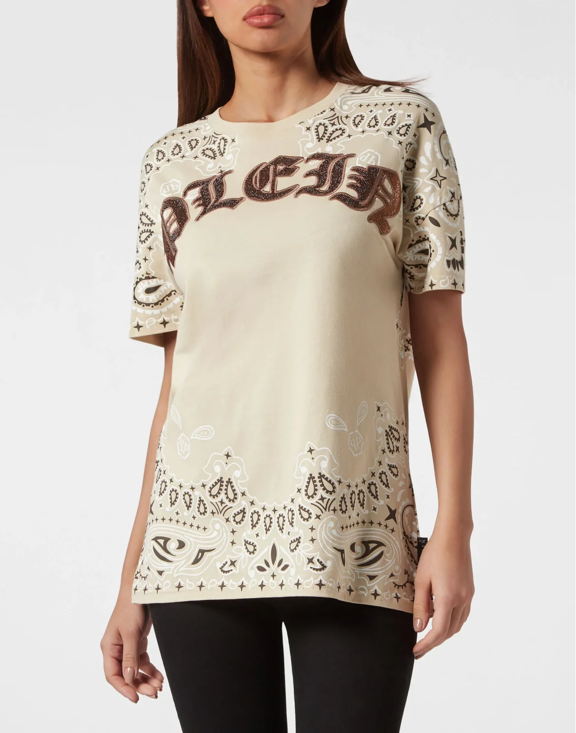 T-shirt Round Neck SS Paisley Strass, цвет: Бежевый