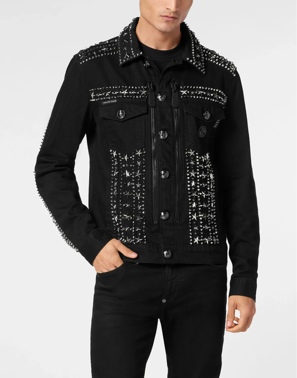 Zipped Denim Jacket Studs, цвет: Черный
