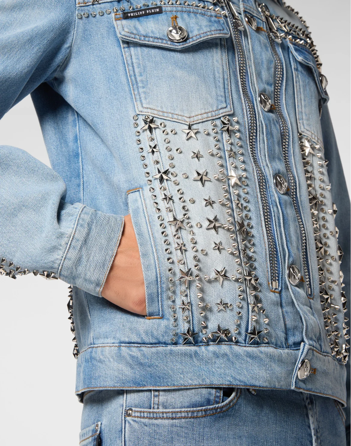 Zipped Denim Jacket Studs, цвет: Серый