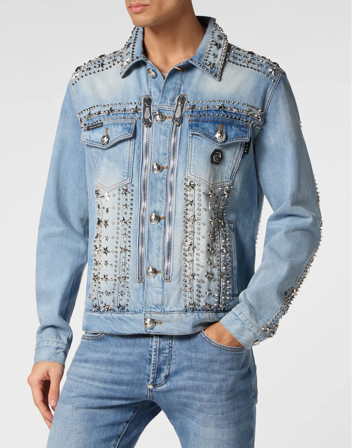 Zipped Denim Jacket Studs, цвет: Серый