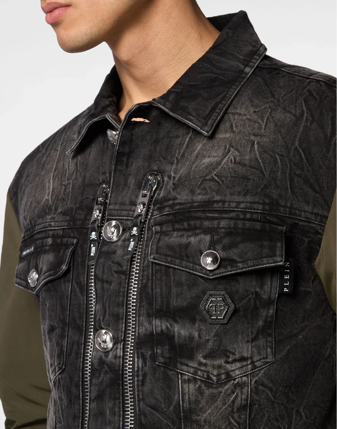 Denim Zipped Jacket With Nylon Sleeves Camouflage, цвет: Серый