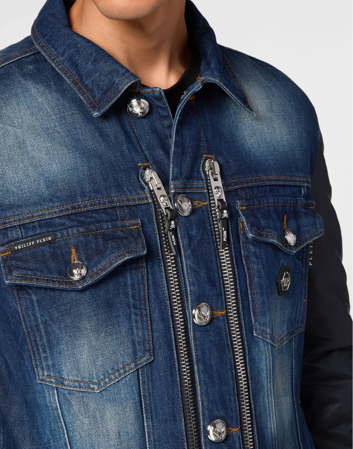 Denim Zipped Jacket With Nylon Sleeves Camouflage, цвет: Синий