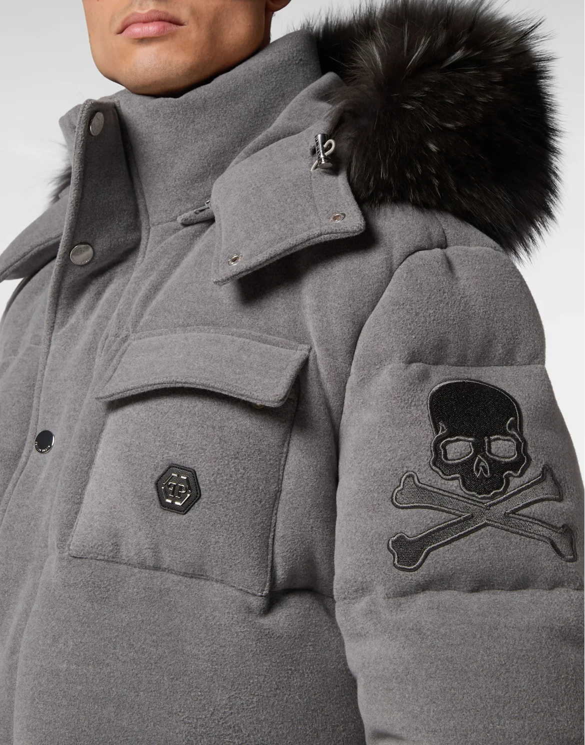 Oversize Down Jacket WIth Fur Hood, цвет: Серый
