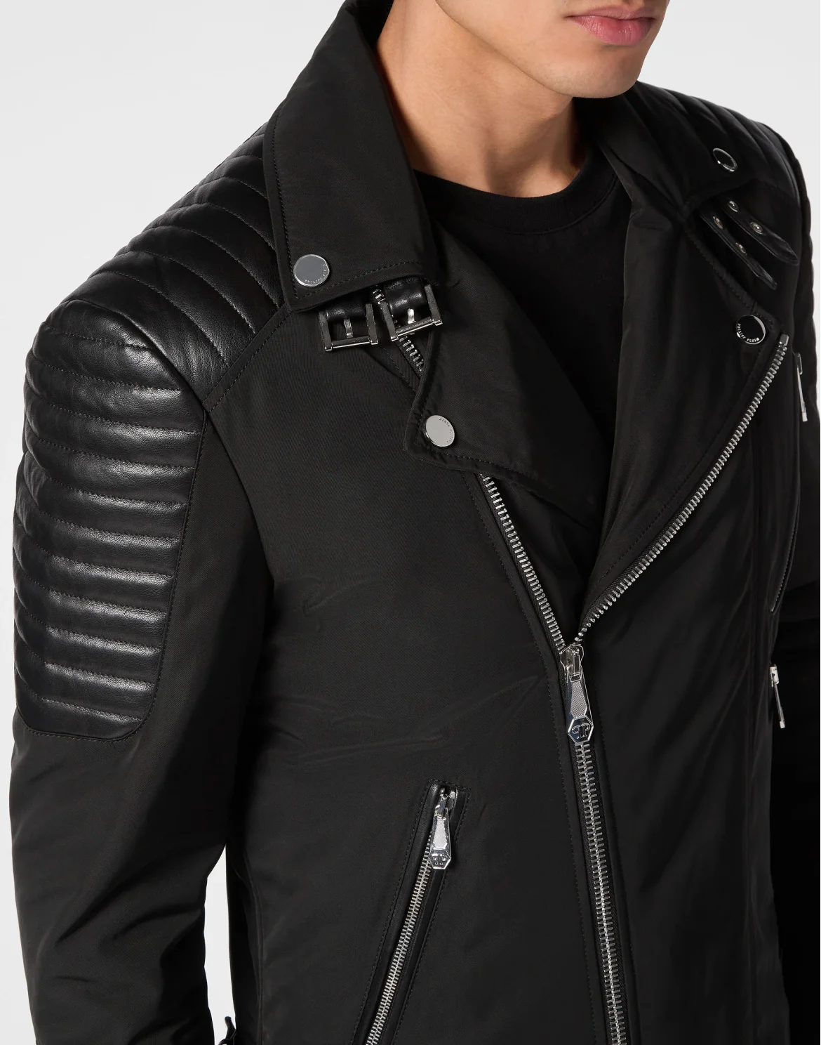 Nylon Biker Jacket With Leather Padding, цвет: Черный