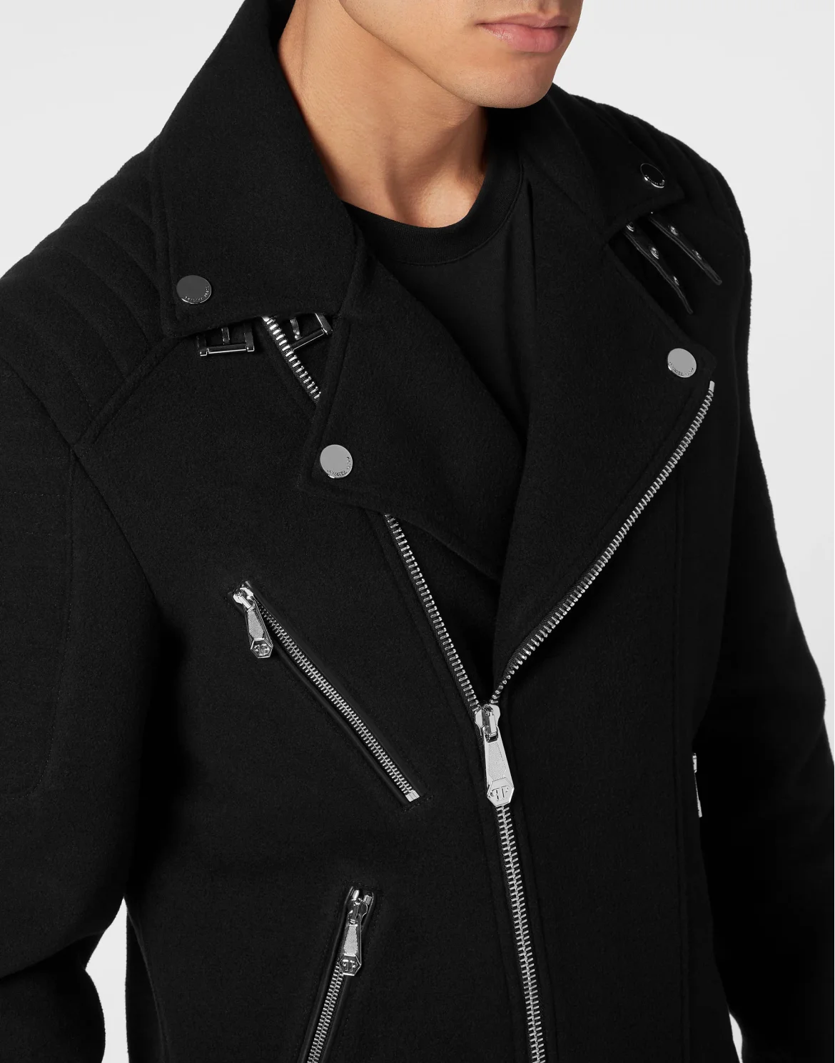 Wool Biker Jacket With Leather Padding, цвет: Черный