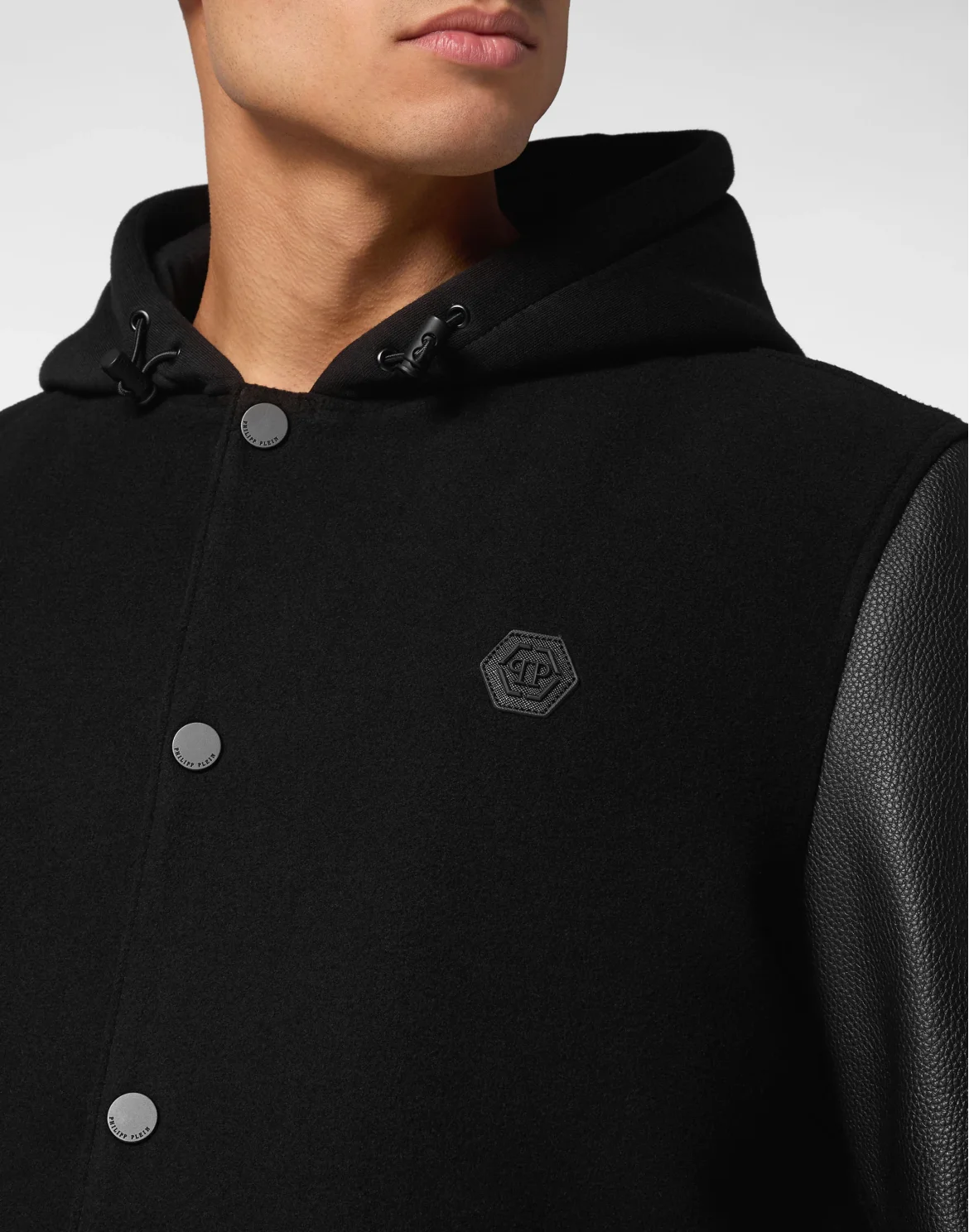 Hoodie Sweatjacket with Leather Sleeves, цвет: Черный