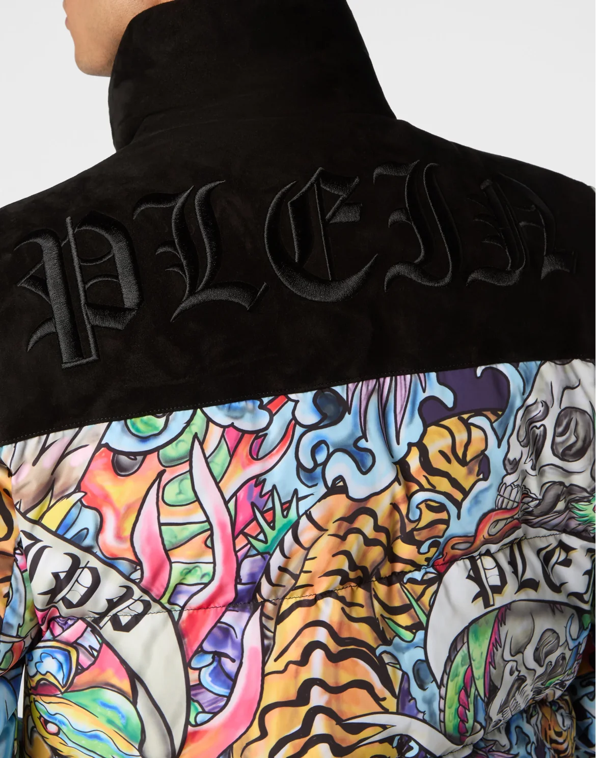 Nylon Puffer Jacket With Leather Inserts Tattoo, цвет: Мультиколор