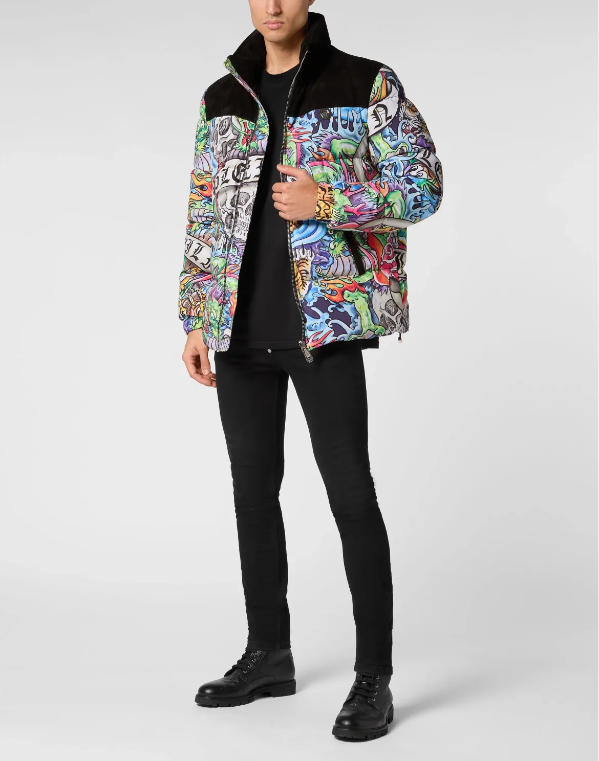 Nylon Puffer Jacket With Leather Inserts Tattoo, цвет: Мультиколор