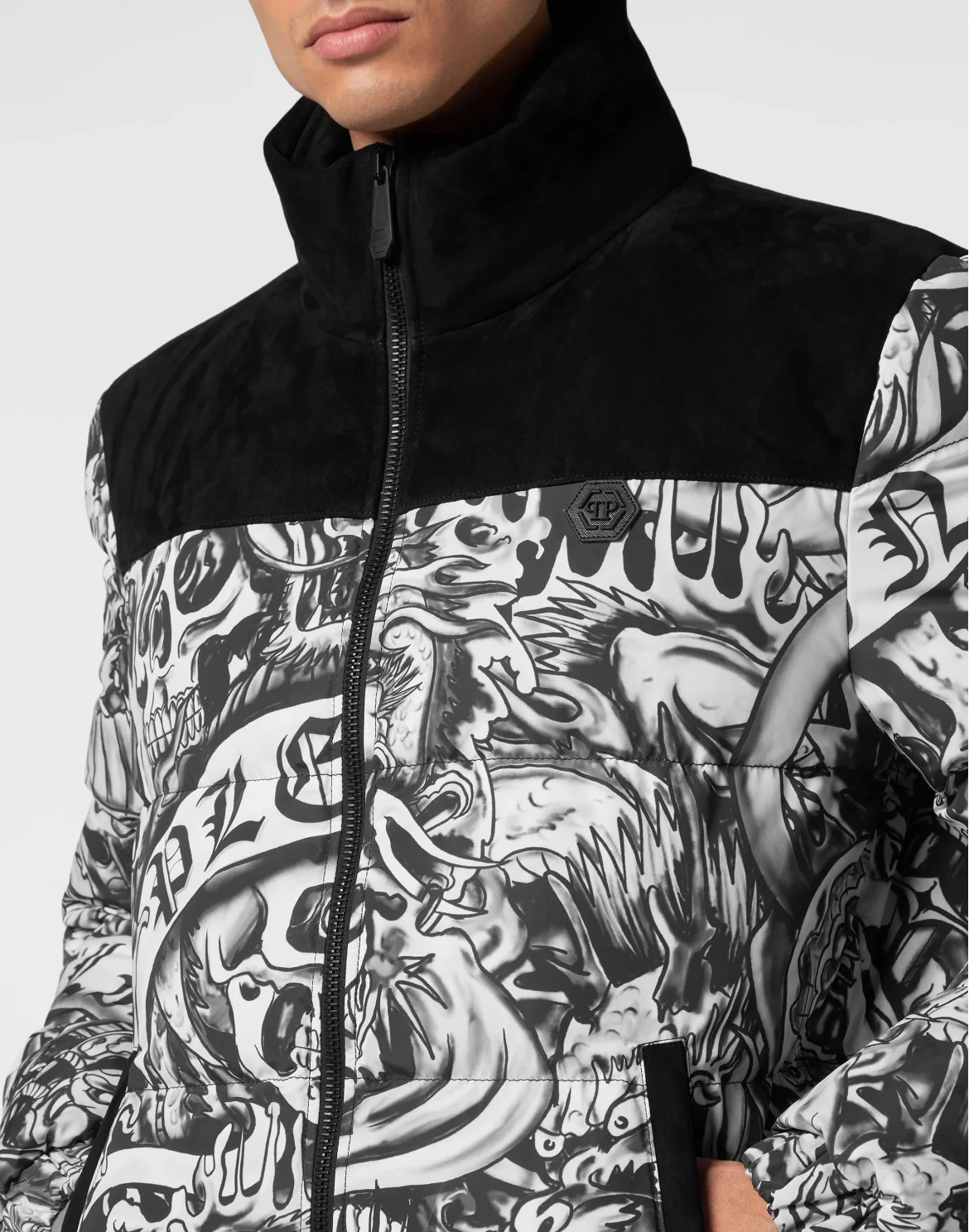 Nylon Puffer Jacket With Leather Inserts Tattoo, цвет: Мультиколор
