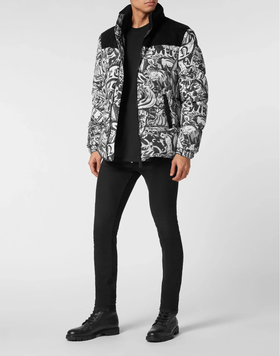 Nylon Puffer Jacket With Leather Inserts Tattoo, цвет: Мультиколор