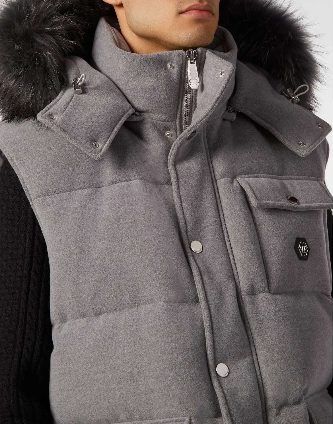 Down Jacket Vest With Fur Hood, цвет: Серый