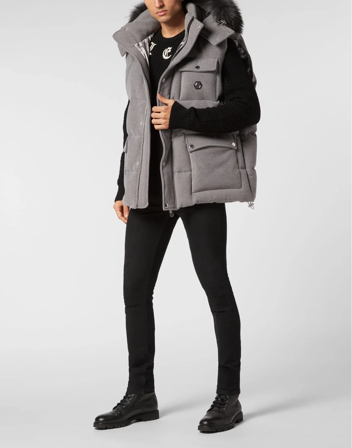 Down Jacket Vest With Fur Hood, цвет: Серый