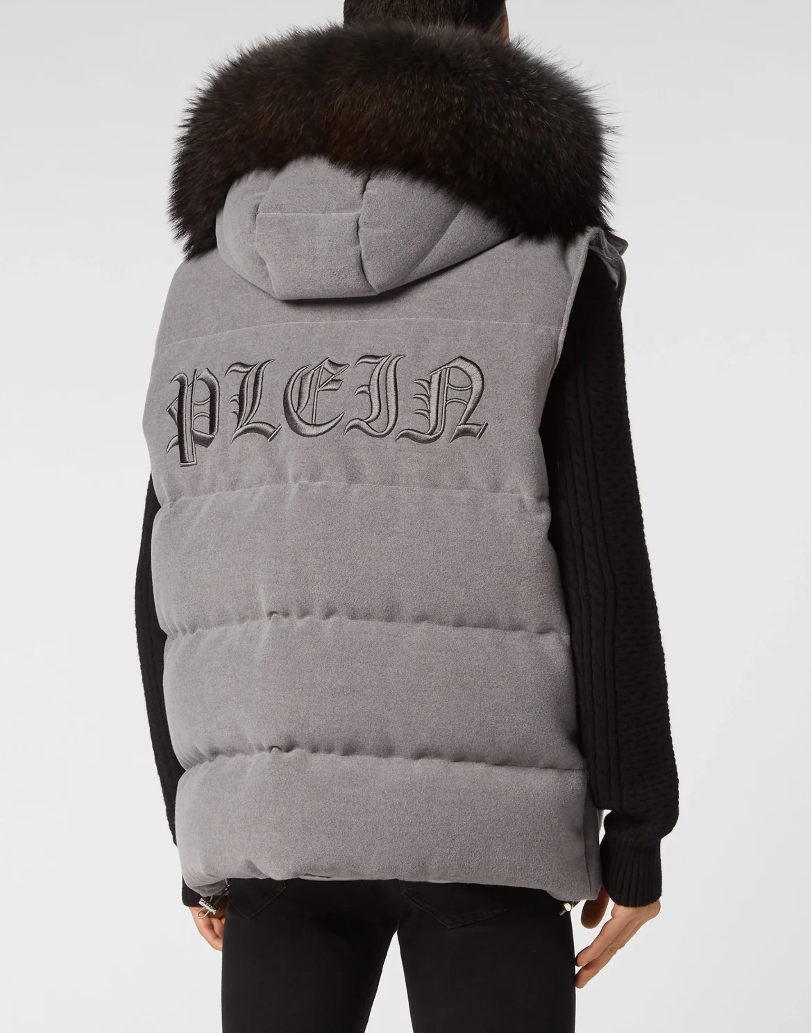 Down Jacket Vest With Fur Hood, цвет: Серый