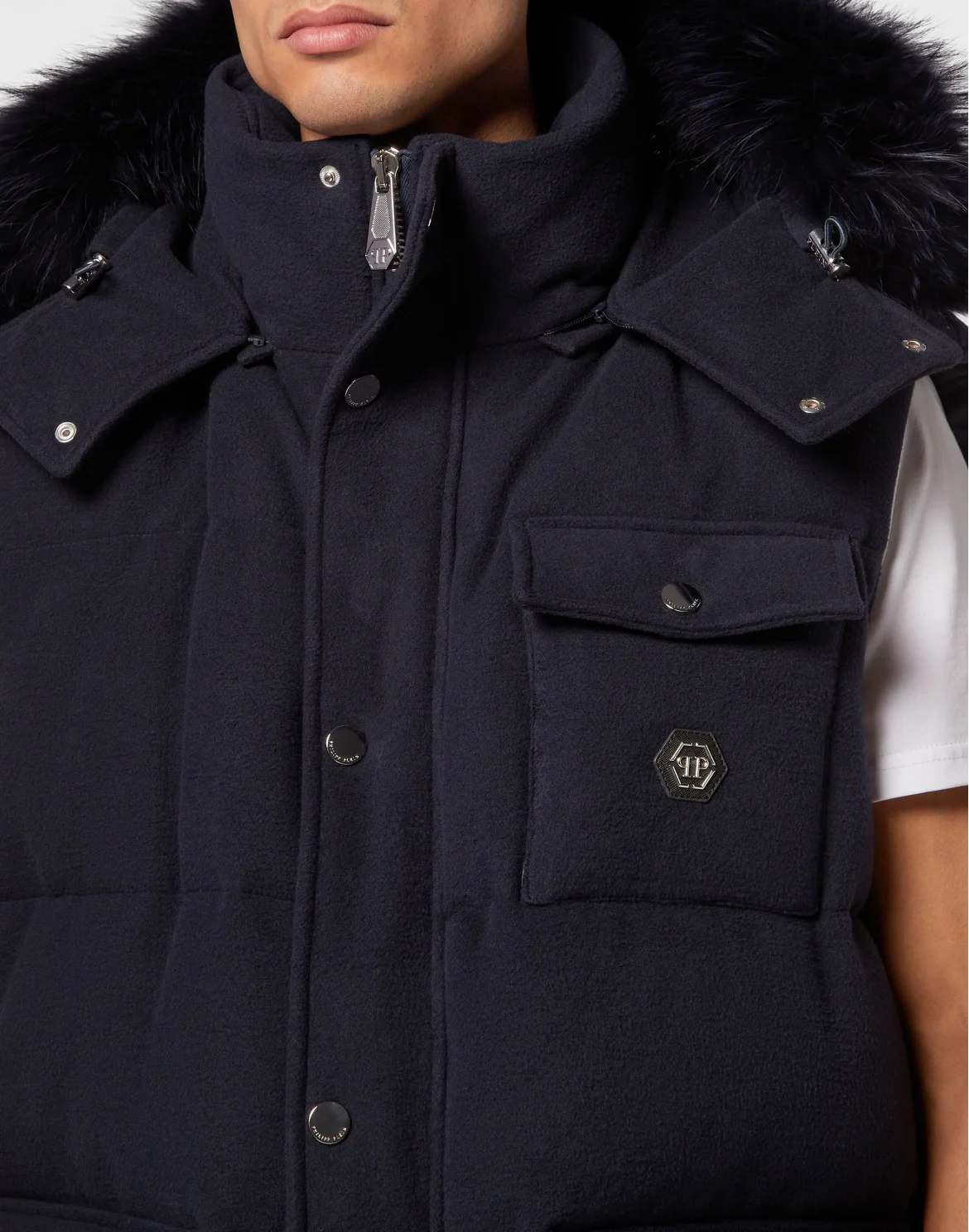 Down Jacket Vest With Fur Hood, цвет: Синий