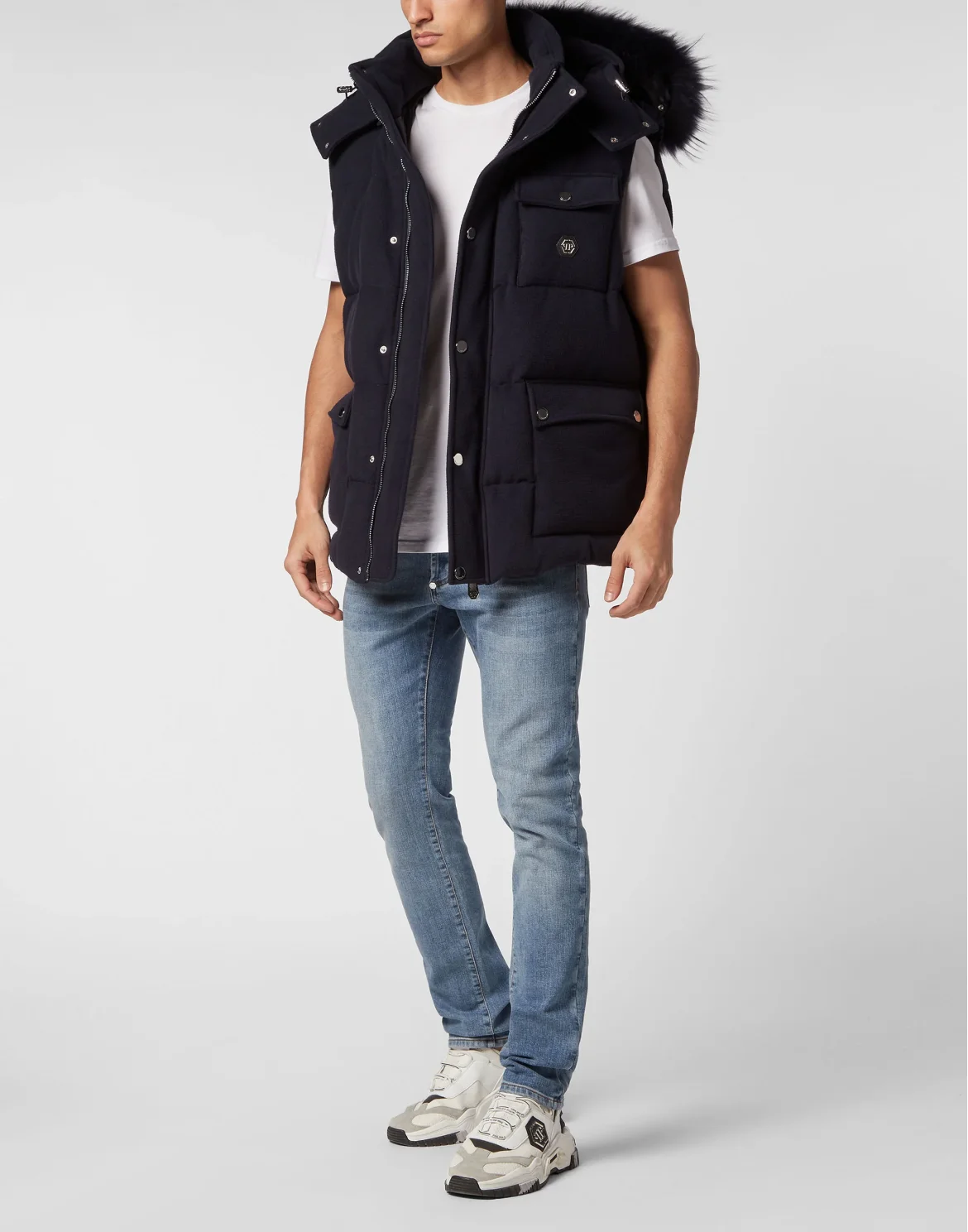 Down Jacket Vest With Fur Hood, цвет: Синий