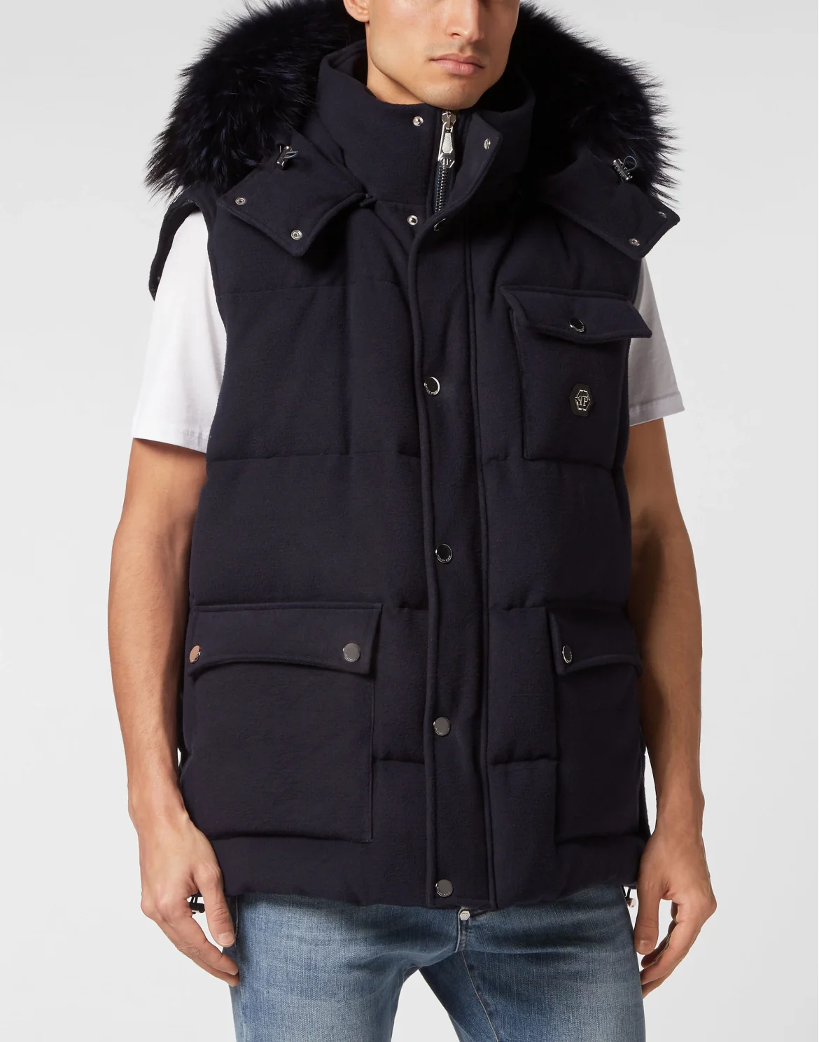 Down Jacket Vest With Fur Hood, цвет: Синий