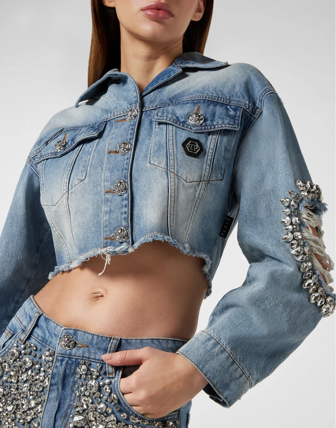 Denim Cropped Jacket with Stones, цвет: Серый