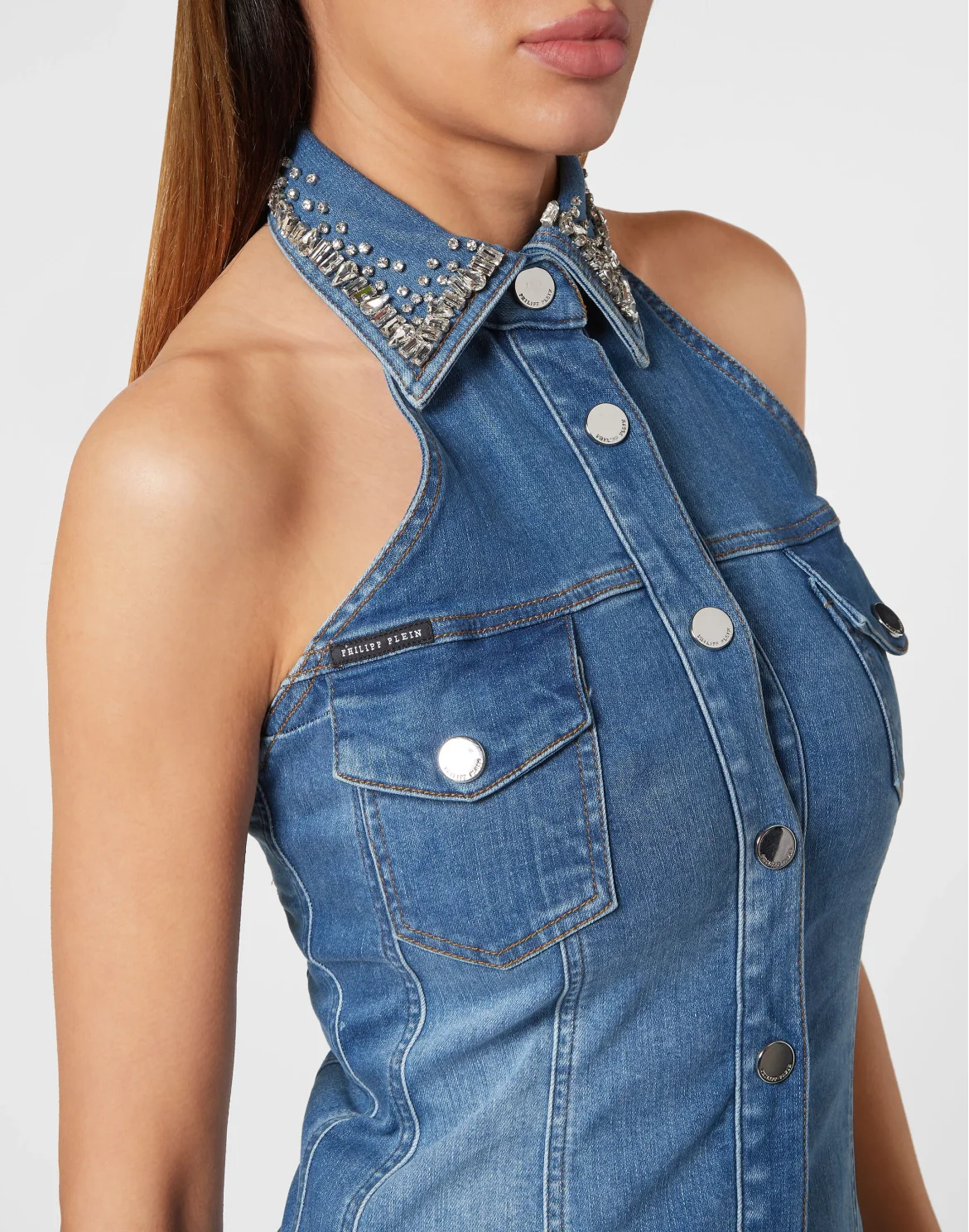 Crystal Collar Denim Mini Dress, цвет: Серый
