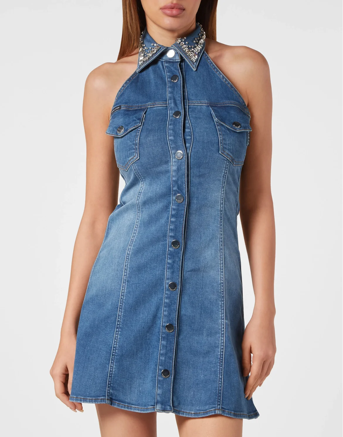 Crystal Collar Denim Mini Dress, цвет: Серый