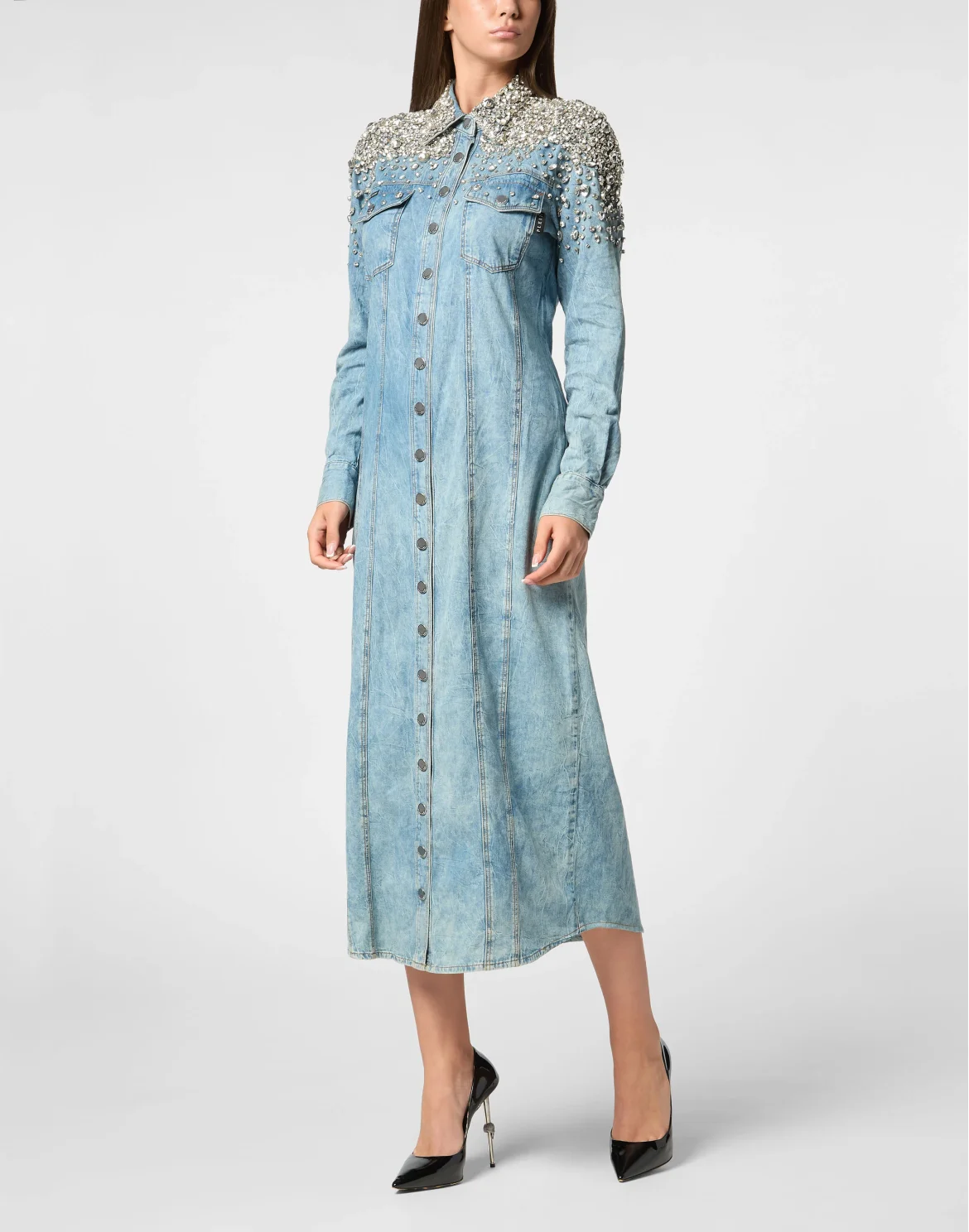 Crystal Denim Shirt Long Dress, цвет: Серый