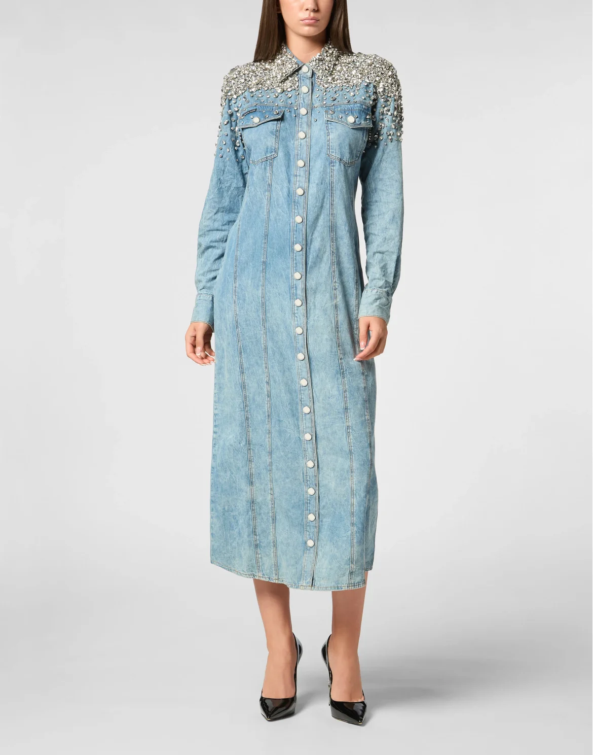 Crystal Denim Shirt Long Dress, цвет: Серый