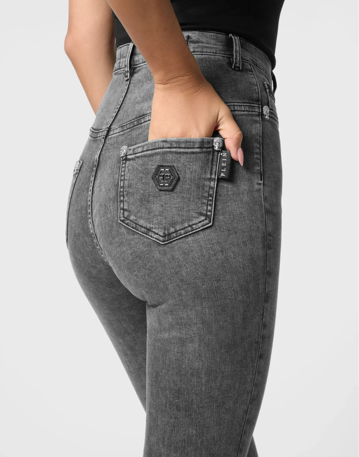 Crystal Skull Denim Super High Waist Jegging, цвет: Серый