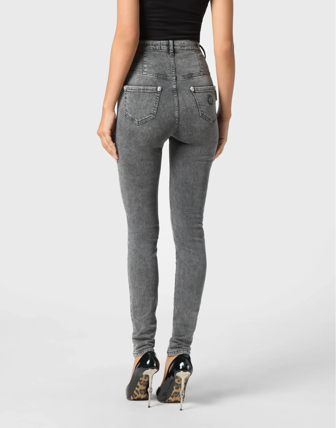 Crystal Skull Denim Super High Waist Jegging, цвет: Серый