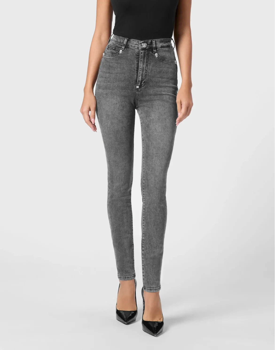 Crystal Skull Denim Super High Waist Jegging, цвет: Серый