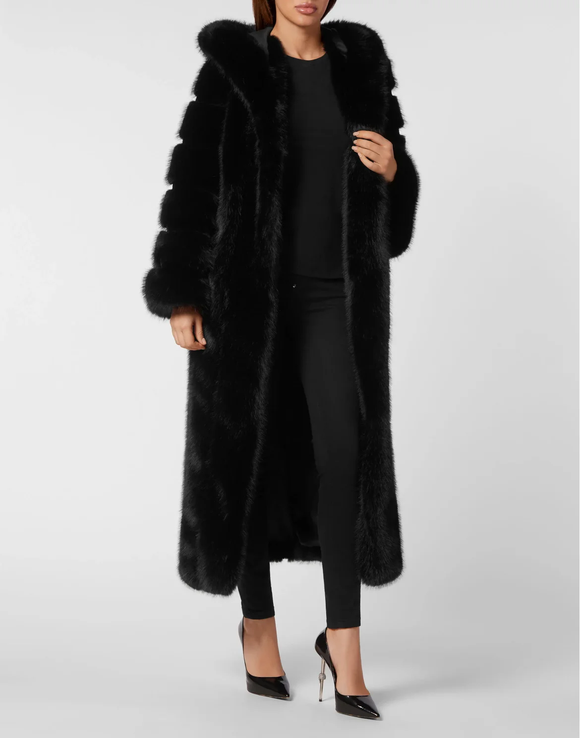 Long Eco Fox Coat, цвет: Черный