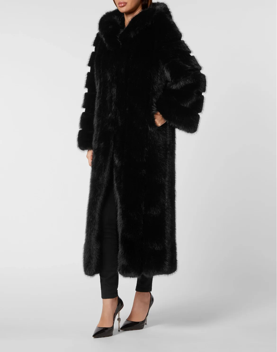 Long Eco Fox Coat, цвет: Черный