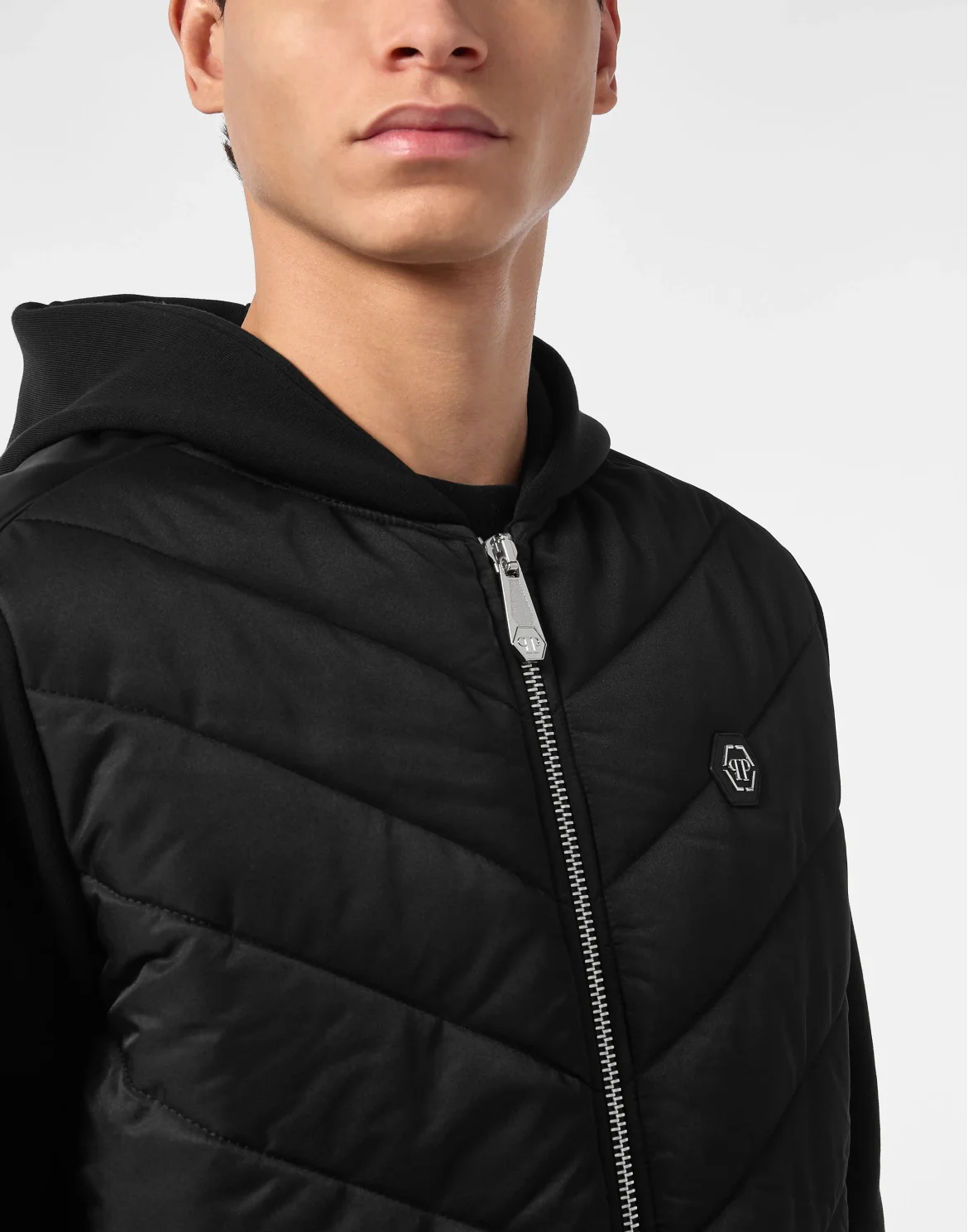 Nylon and Fleece Hooded Tracksuit Jacket with Padded Inserts, цвет: Черный