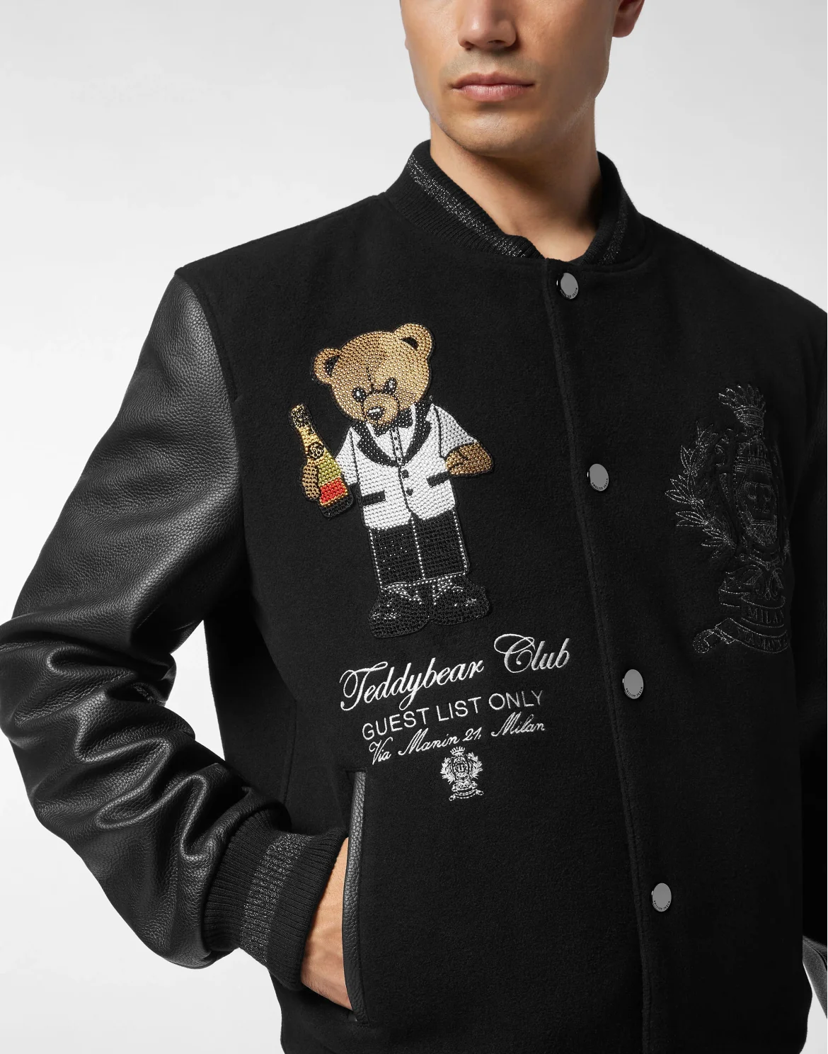 Wool & Leather Varsity Bomber Jacket Teddy Stones, цвет: Черный