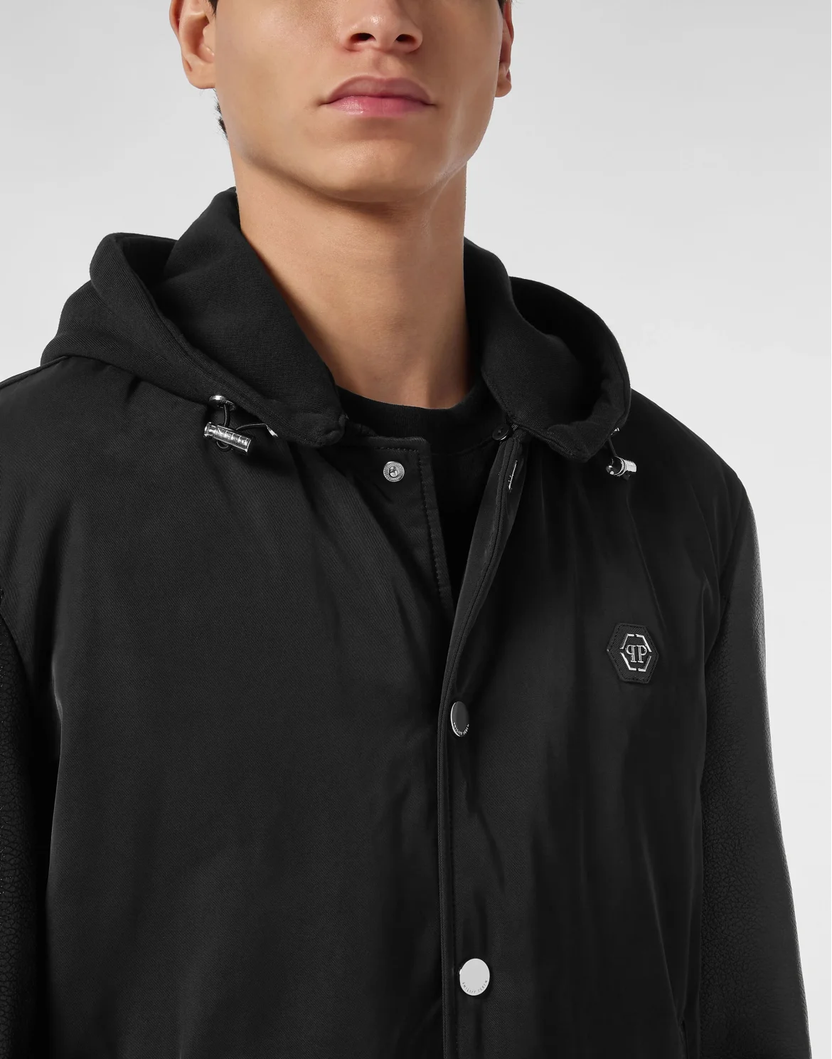 Nylon & Leather Varsity Bomber Hooded Jacket, цвет: Черный