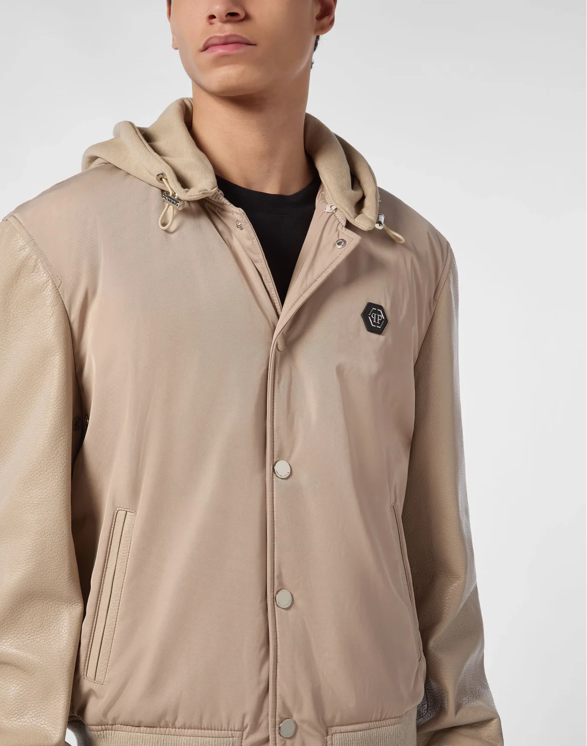 Nylon & Leather Varsity Bomber Hooded Jacket, цвет: Бежевый