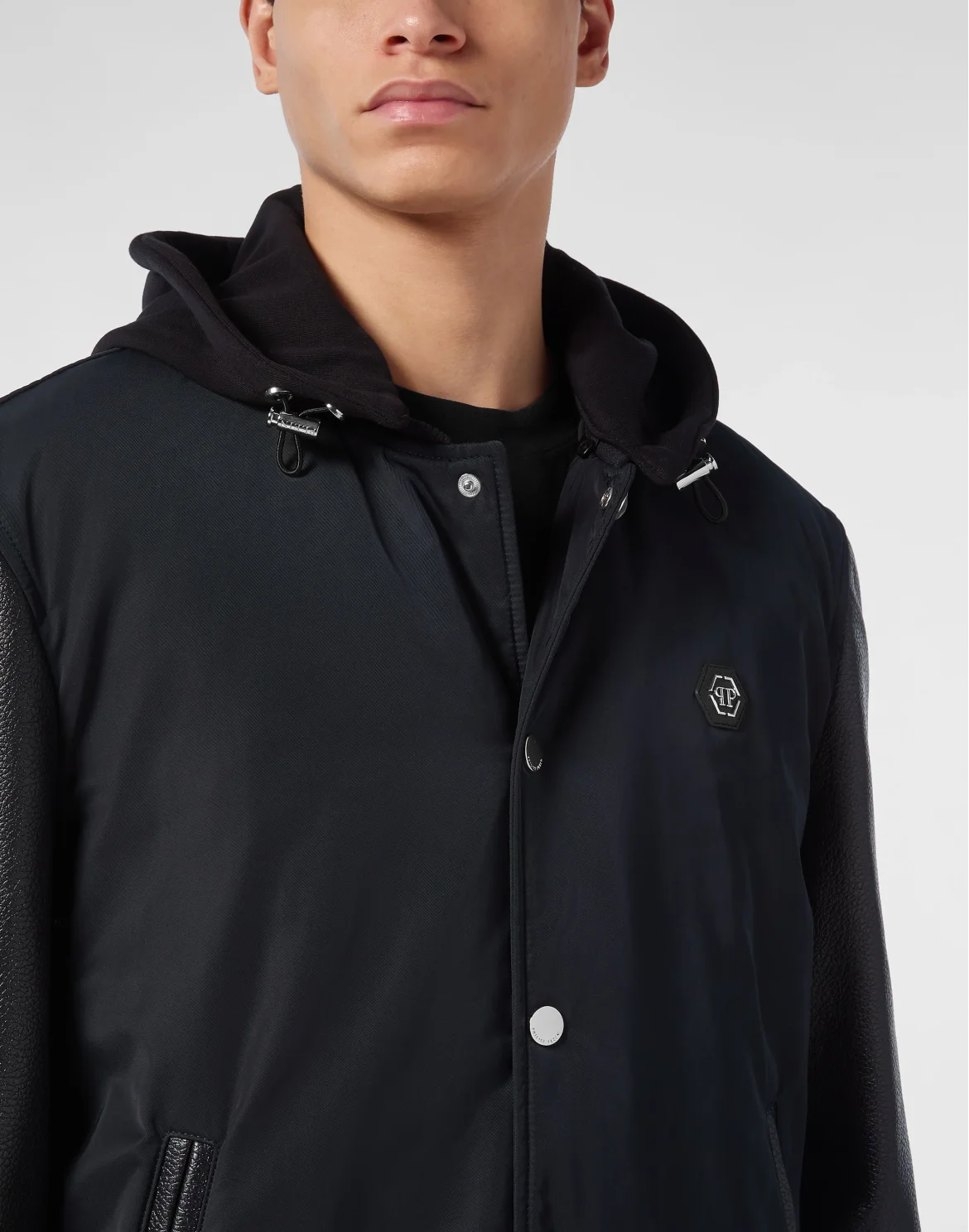 Nylon & Leather Varsity Bomber Hooded Jacket, цвет: Синий