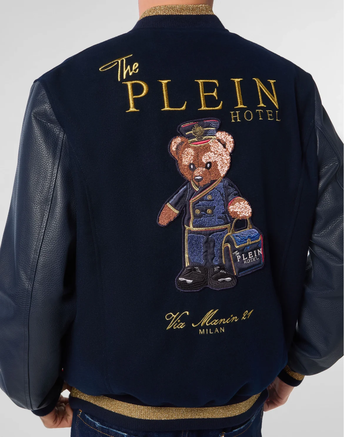 Leather and Wool Varsity Bomber Teddy Doorman, цвет: Синий