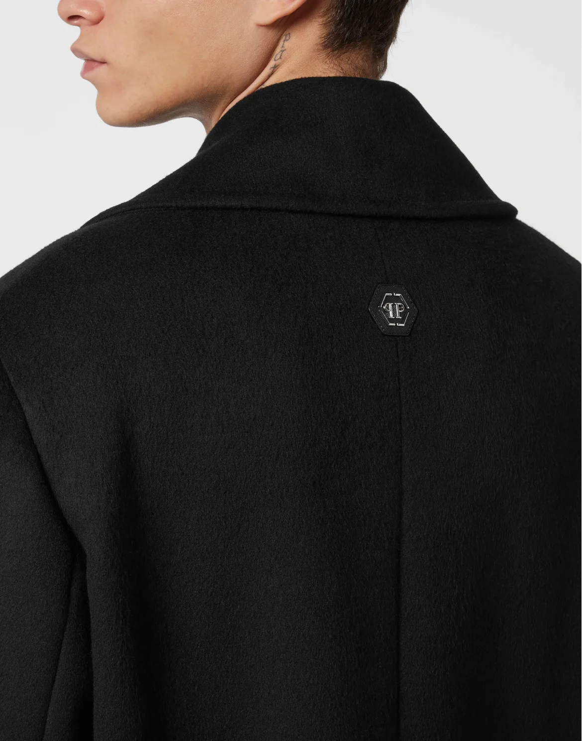 Herringbone Wool Double Breasted Long Coat, цвет: Черный