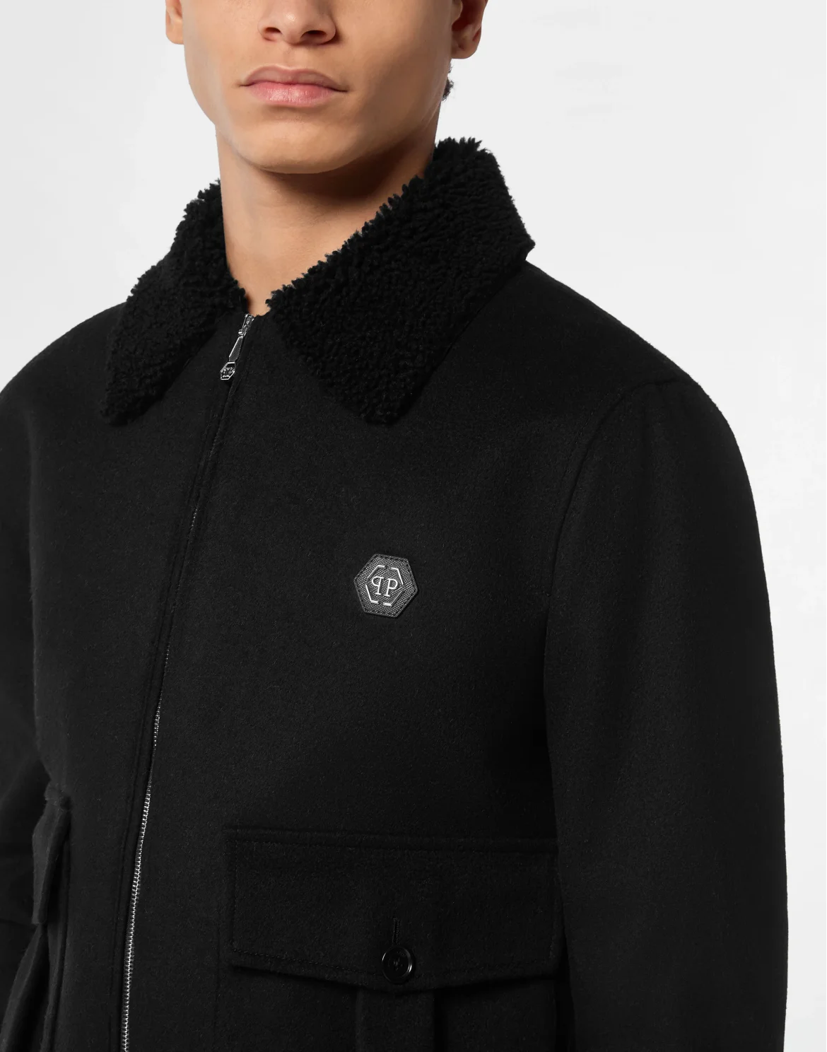Wool Aviator Jacket With Shirling Cape, цвет: Черный