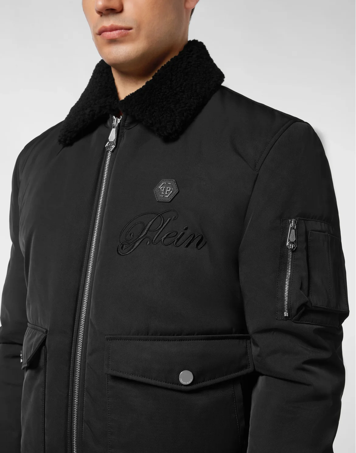 Nylon Aviator Jacket with Shearling Collar, цвет: Черный