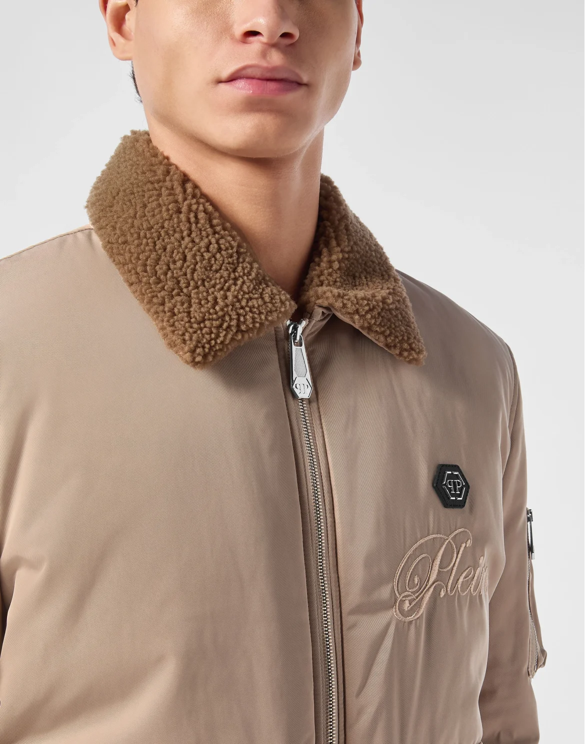 Nylon Aviator Jacket with Shearling Collar, цвет: Бежевый