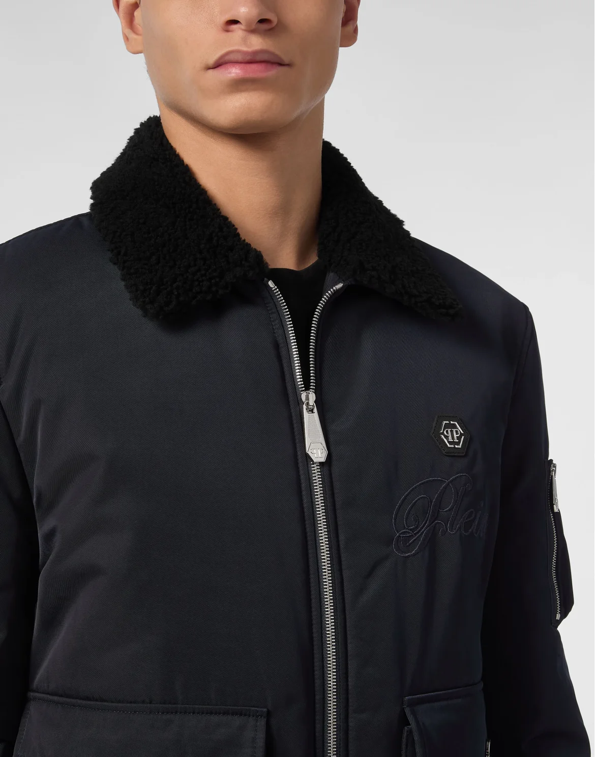 Nylon Aviator Jacket with Shearling Collar, цвет: Синий